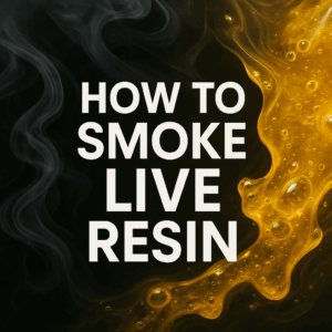 Square graphic with bold white text “HOW TO SMOKE LIVE RESIN” over a background of swirling dark smoke on the left and amber resin abstract patterns on the right.