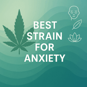 Square teal graphic with a cannabis leaf and the title “Best Strain for Anxiety.”