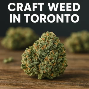 Close-up of a frosty cannabis bud on a wooden surface with the headline “Craft Weed in Toronto.”