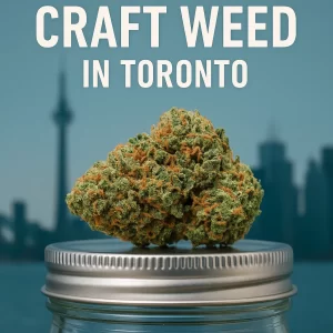 Dense cannabis nug on a mason-jar lid with Toronto’s skyline and CN Tower softly blurred in the background; text reads “Craft Weed in Toronto.”