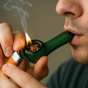 Person taking a hit from a green glass pipe as a lighter ignites the bowl, with smoke rising from the cherry.