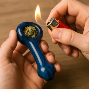 Hands holding a blue glass spoon pipe packed with ground cannabis while a lighter flame hovers above the bowl.