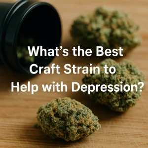 Close-up of frosty cannabis nugs spilling from a black jar on a wooden surface with overlaid text: “What’s the Best Craft Strain to Help with Depression?”