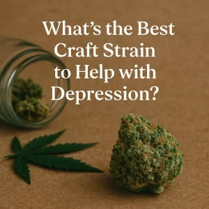 Cannabis bud and leaf on kraft paper beside a tipped glass jar with the title “What’s the Best Craft Strain to Help with Depression?”