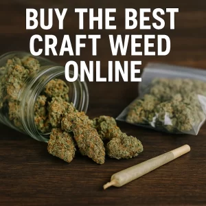 Jar and pouch of craft cannabis spilled onto a table with a finished pre-roll and the headline “Buy the Best Craft Weed Online.”