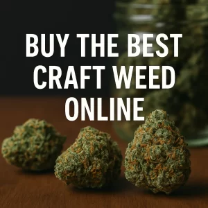 Close-up of frosty craft cannabis buds on a wood table with the title “Buy the Best Craft Weed Online.”