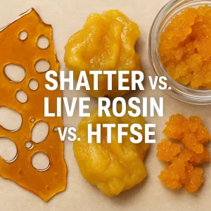 Side-by-side concentrates—amber shatter sheet, dollops of live rosin, and a jar of HTFSE crystals—overlaid with the title “Shatter vs. Live Rosin vs. HTFSE.”