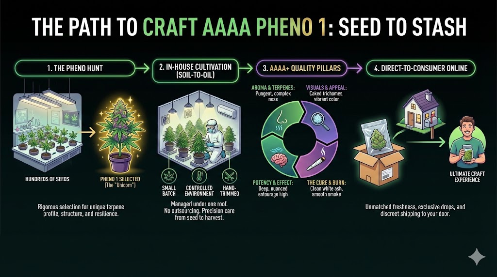 An infographic detailing the four-step "Seed to Stash" process of cultivating and selling Craft AAAA Pheno 1 cannabis directly to consumers online.