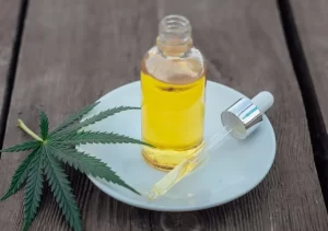 Dropper bottle of CBD oil on a plate with a cannabis leaf, demonstrating CBD oil for cooking.
