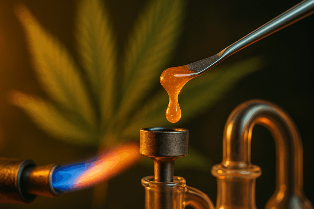 Close-up of a metal dab tool holding a drop of amber live resin above a heated nail on a dab rig, with a blurred cannabis leaf and butane torch flame in the background.