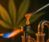 Close-up of a metal dab tool holding a drop of amber live resin above a heated nail on a dab rig, with a blurred cannabis leaf and butane torch flame in the background.