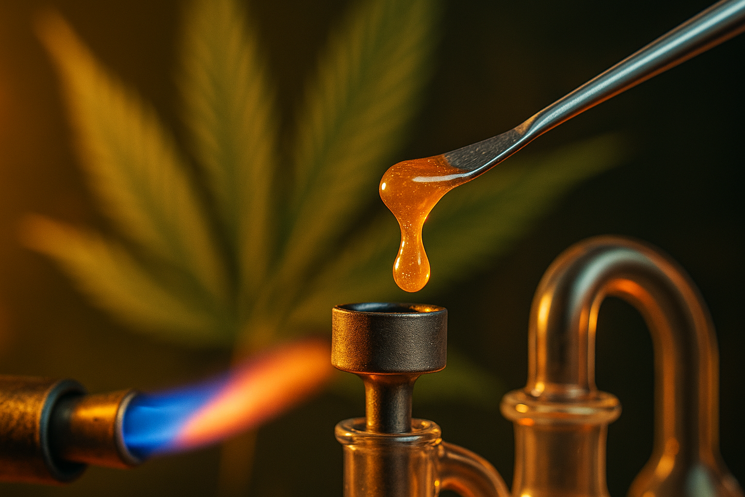 Close-up of a metal dab tool holding a drop of amber live resin above a heated nail on a dab rig, with a blurred cannabis leaf and butane torch flame in the background.