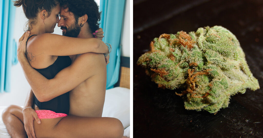 Couple embracing on a bed beside a close-up cannabis bud — concept for the best cannabis strain for sex.