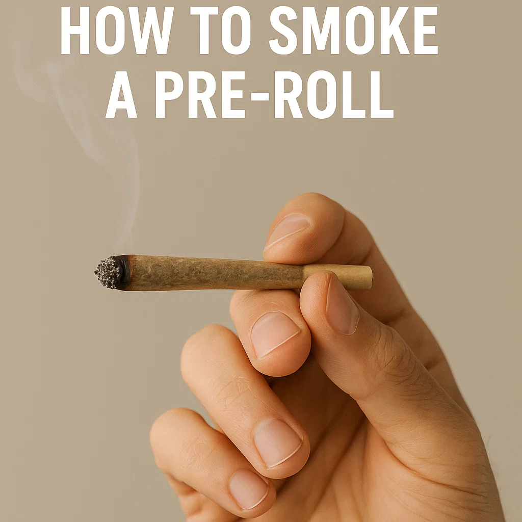 Hand holding a lit cannabis pre-roll with light smoke and the title “How to Smoke a Pre-Roll” on a neutral background.