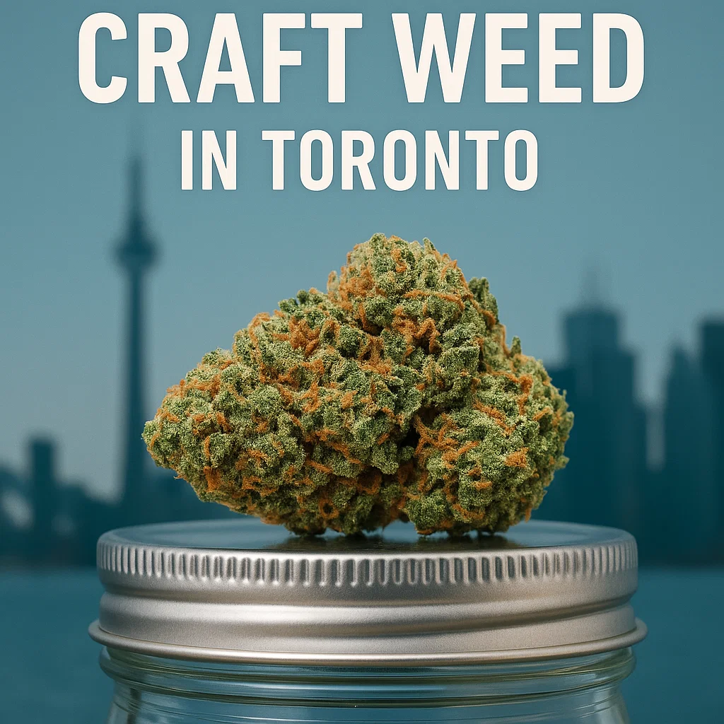 Dense cannabis nug on a mason-jar lid with Toronto’s skyline and CN Tower softly blurred in the background; text reads “Craft Weed in Toronto.”