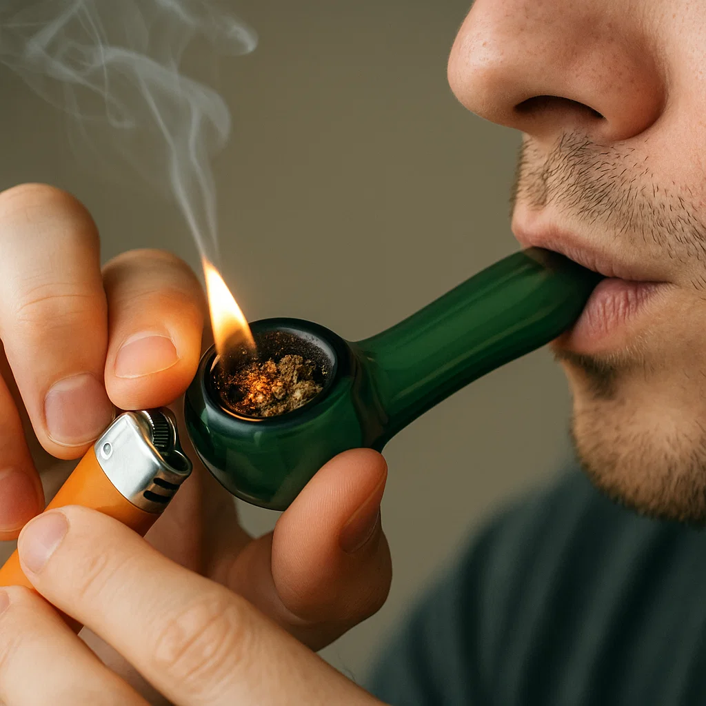 Person taking a hit from a green glass pipe as a lighter ignites the bowl, with smoke rising from the cherry.
