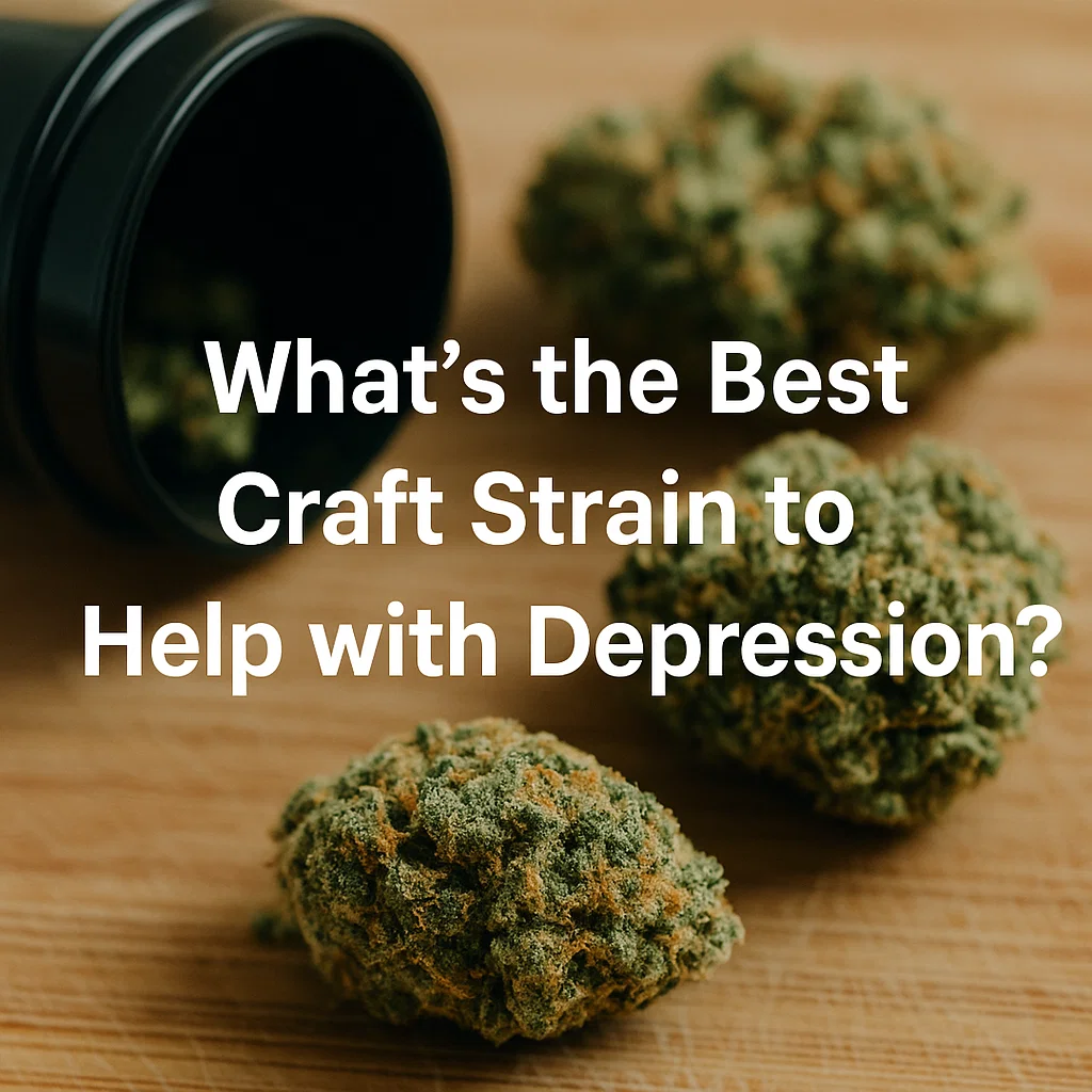 Close-up of frosty cannabis nugs spilling from a black jar on a wooden surface with overlaid text: “What’s the Best Craft Strain to Help with Depression?”