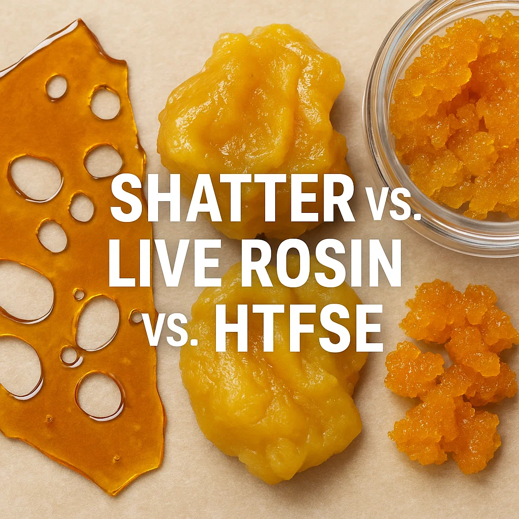 Side-by-side concentrates—amber shatter sheet, dollops of live rosin, and a jar of HTFSE crystals—overlaid with the title “Shatter vs. Live Rosin vs. HTFSE.”