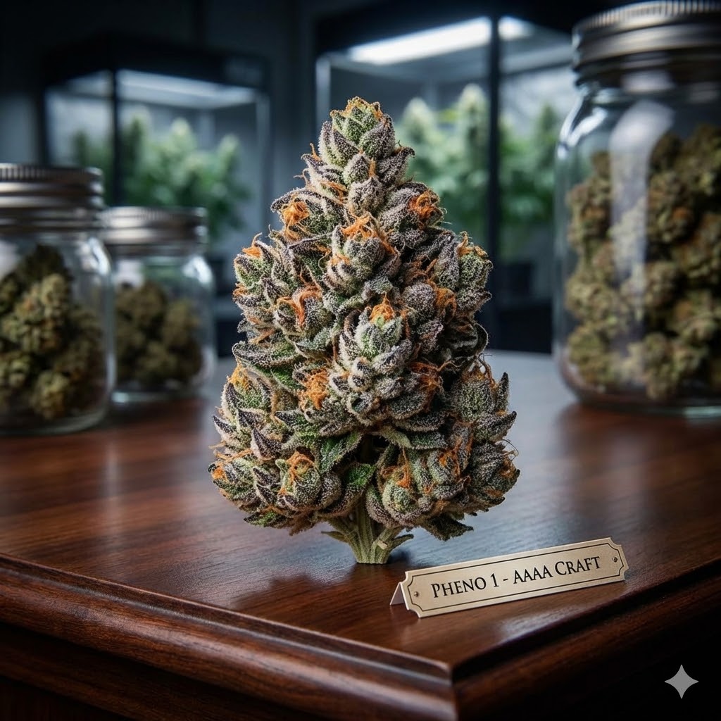 A close-up of a highly resinous, colorful AAAA+ craft cannabis bud on a wooden surface with a gold nameplate that reads "Pheno 1 - AAAA Craft.